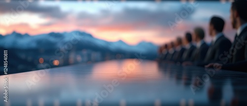 business people sit at a long conference table during a beautiful sunset.
