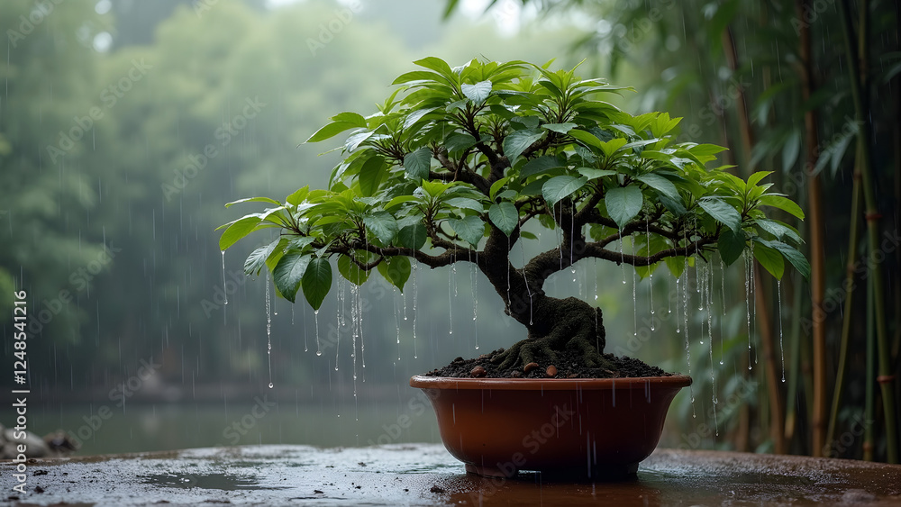 A serene bonsai tree thrives in the rain, surrounded by lush greenery. Droplets cascade from its delicate leaves, symbolizing renewal and tranquility. A serene bonsai tree thrives in the rain, surrounded by lush greenery. Droplets cascade from its delicate leaves, symbolizing renewal and tranquility.