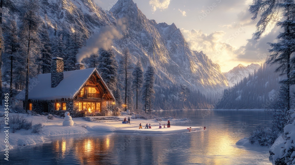 Fototapeta premium Winter Wonderland Cabin by the Lake