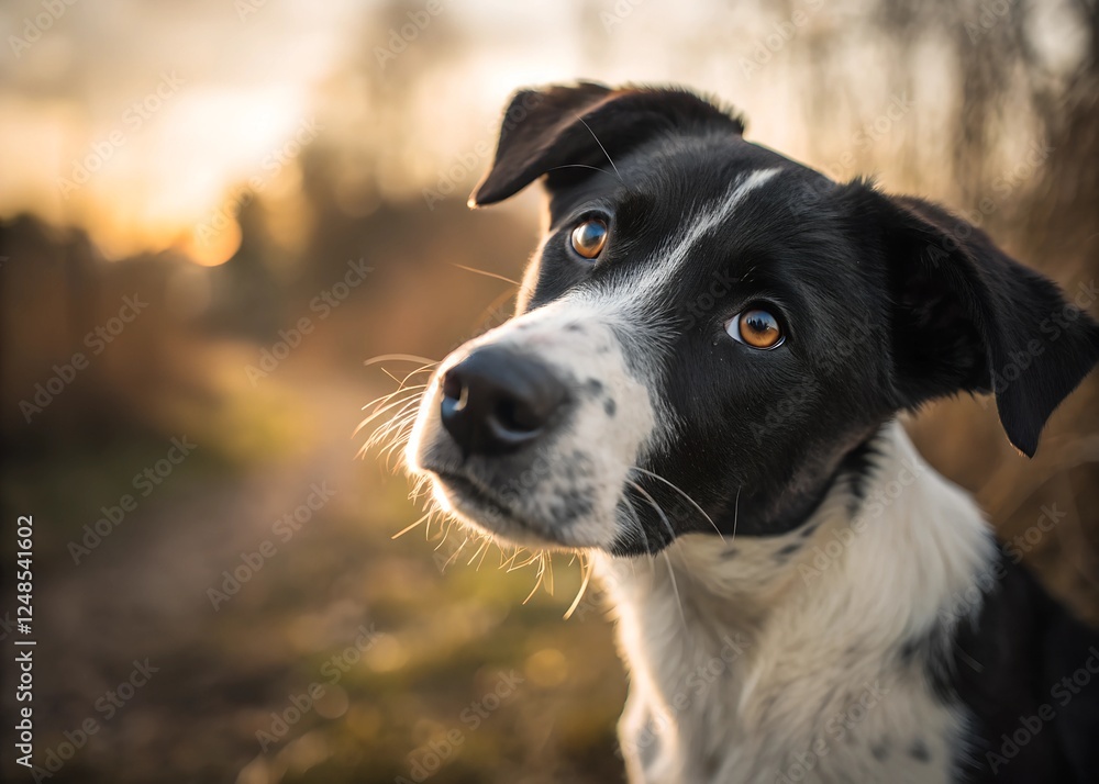Close-up portrait of black and white mixed breed dog with expressive eyes looking directly at camera against blurred natural background during golden hour. Close-up portrait of black and white mixed breed dog with expressive eyes looking directly at camera against blurred natural background during golden hour.