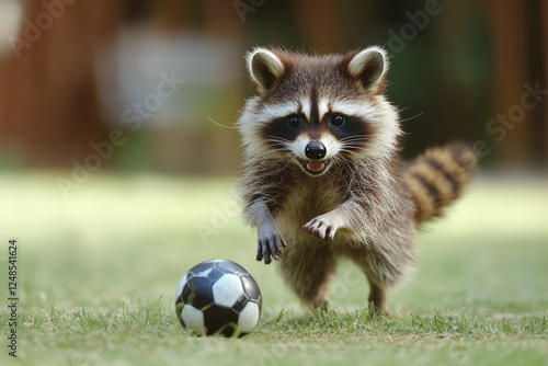 Raccoon joyfully chasing a soccer ball in a sunny park during the afternoon photo