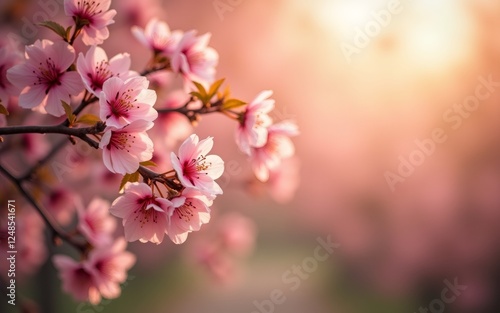 Delicate pink cherry blossoms in soft sunlight, creating a serene and picturesque scene.