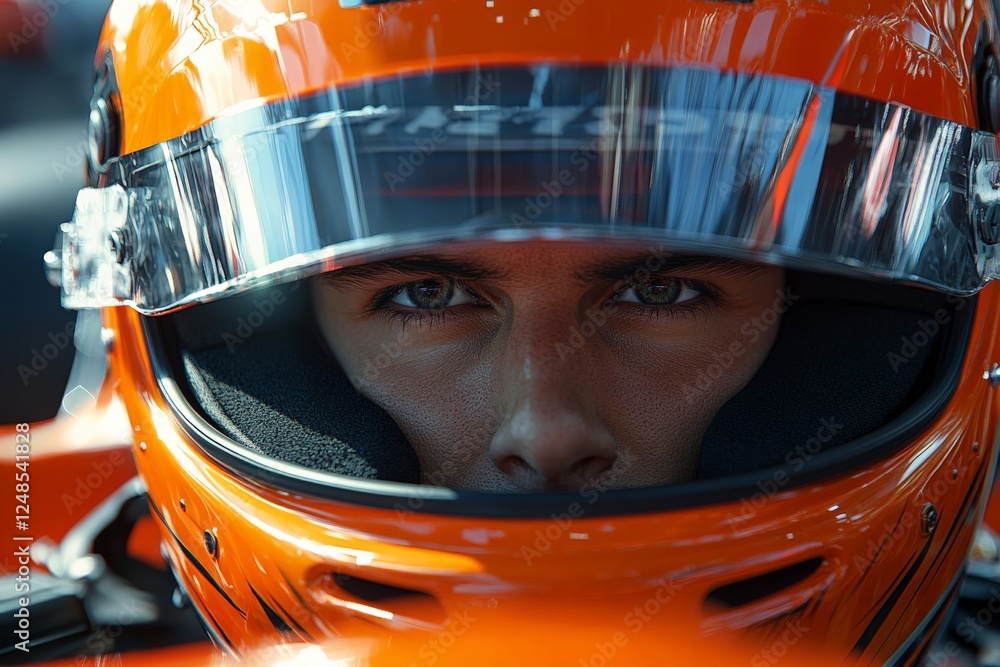 Close-up of a car racing driver in an orange helmet focused on the track during a race Close-up of a car racing driver in an orange helmet focused on the track during a race