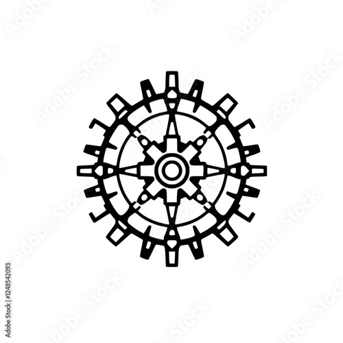 An industrial design of a gear wheel, stylized with a simplistic and symmetric star shape at the center.