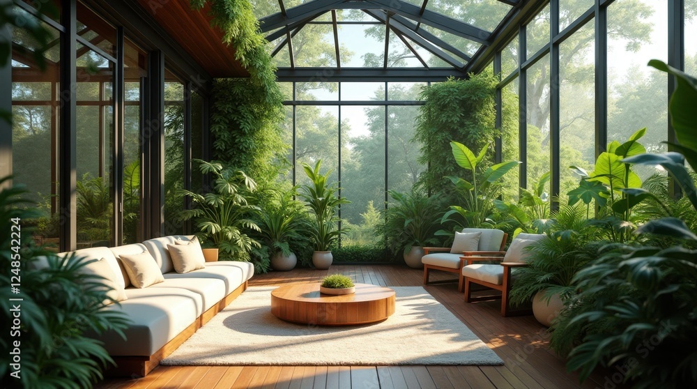 Lush Indoor Garden Room with Glass Walls Lush Indoor Garden Room with Glass Walls