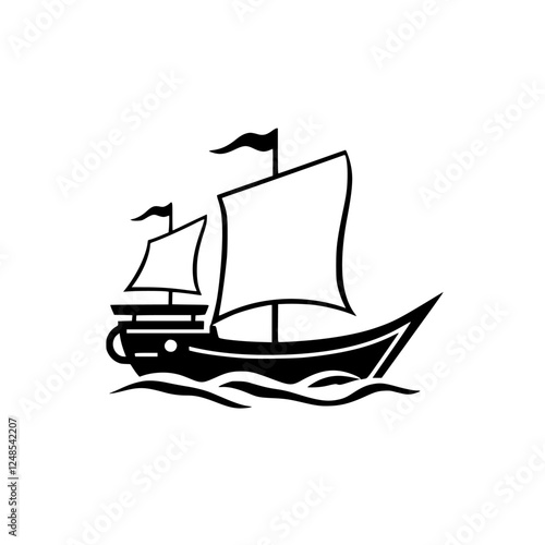 Stylized black and white image of a sailboat, sailing over the waves with its sails set and flags flying.