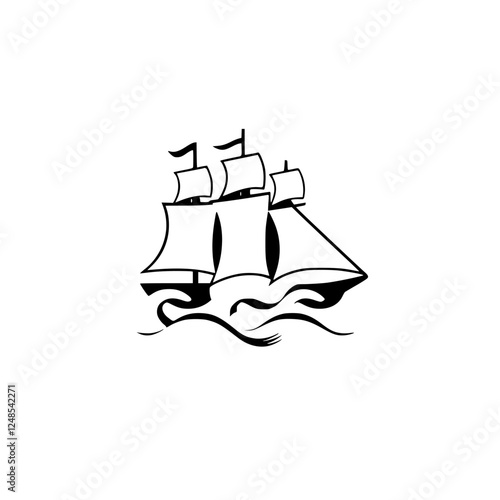 Black and white stylized sailboat illustration on a white background; sailing, waves, and a ship.