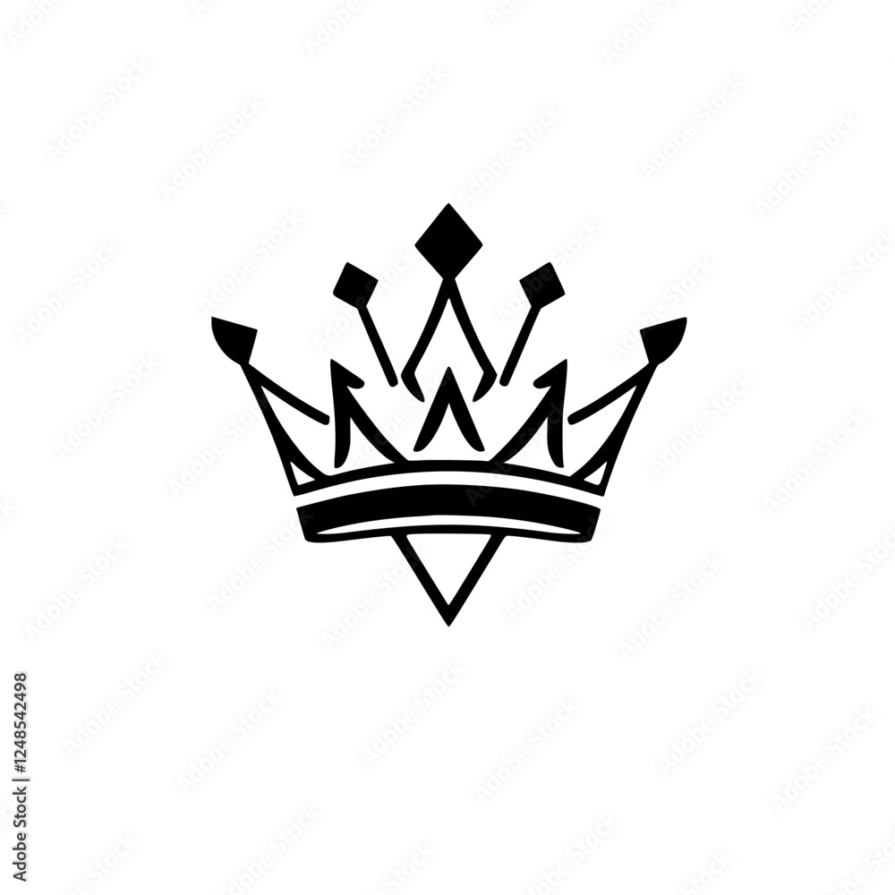 Fototapeta premium Minimalist black and white crown illustration, simplified regal design, with a stark white background.