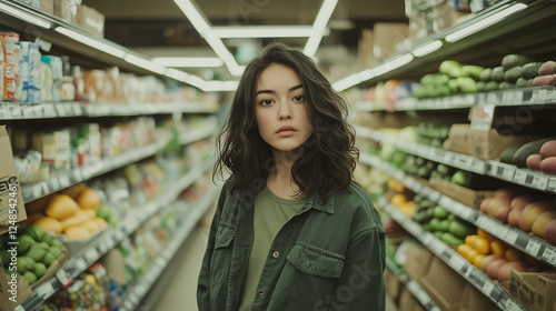 Wallpaper Mural Young woman looks thoughtfully at products on grocery shelves, searching for healthy choices with concerned expression in supermarket aisle Torontodigital.ca