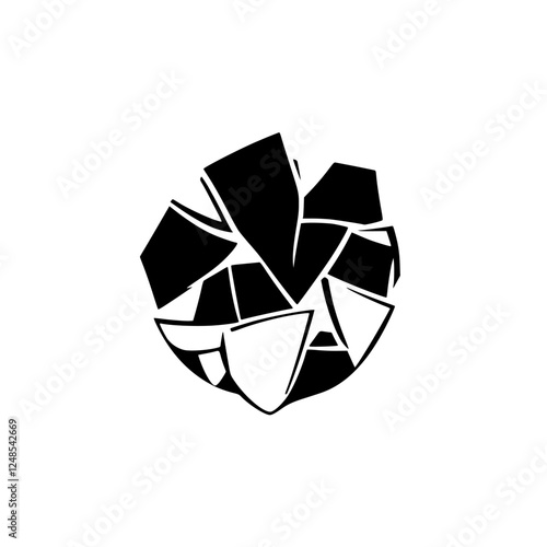 Geometric abstract black and white illustration of a sphere composed of fragments or pieces.