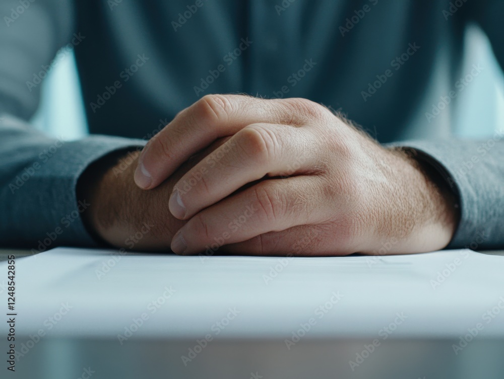 Fototapeta premium man with hands clasped together on table