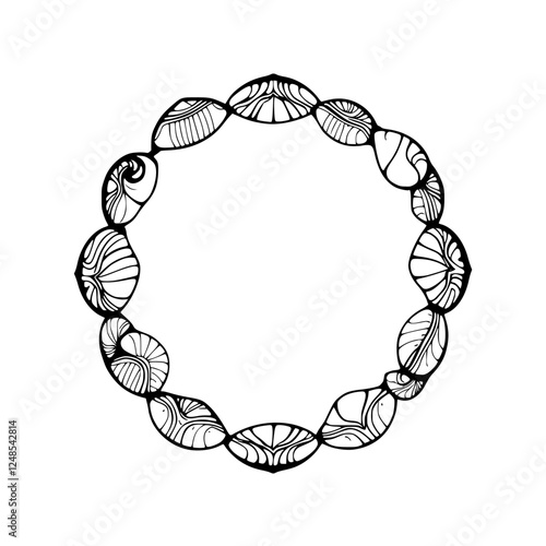 Hand-drawn black and white image of a ring composed of intricate, oval-shaped shapes, each with unique patterns.