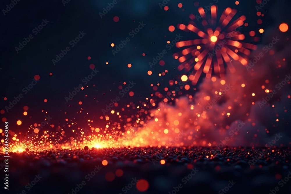 Fototapeta premium Fiery sparks flying through the air amidst a darkened night sky with fireworks exploding in the background , flames, bonfire night, explosions