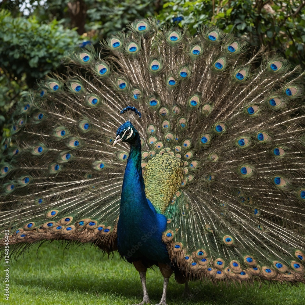 Obraz premium A peacock with its feathers fully spread in a lush garden.
