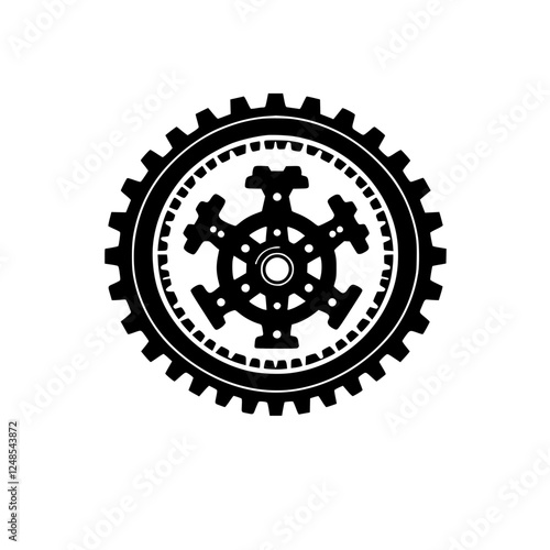 Geometric Silhouette of a Double-Layered Gear with Radial Internal Components Against a White Background