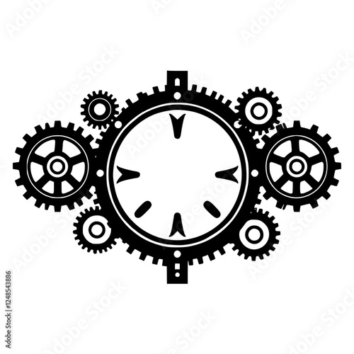 Clockwork Mechanism: An industrial-style vector illustration depicting an ornamental clock face, surrounded by gears and set against a white background.