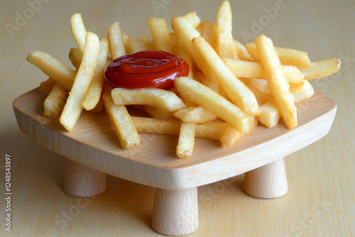 Golden fries with ketchup on a wooden stand photo