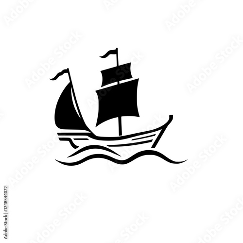 Simplified silhouette of a sailboat with black sails on rippling waves, symbolizing maritime journeys.