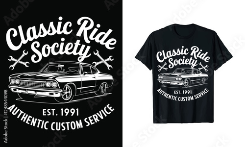 Classic Ride Society T-Shirt Design - Vintage Car Lovers Unite! Featuring Bold Typography, Custom Garage Service Theme, Established 1991. Perfect Apparel for Car Enthusiasts and Mechanics!