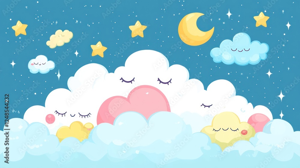 Fototapeta premium Sleepy clouds, night sky, stars, moon, nursery decor