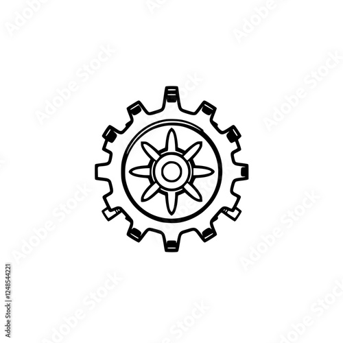 Hand-drawn gear icon showing a gear with an internal central pattern on a white background.