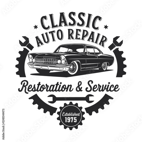 Classic Auto Repair T-Shirt Design - Embrace Vintage Car Restoration with Detailed Graphics. Established in 1975, Perfect for Auto Enthusiasts and Fans of Classic Vehicles and Quality Service!