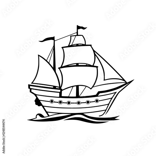 Black and white stylized illustration of a sailing ship on white, showing a ship with sails and a minimal style