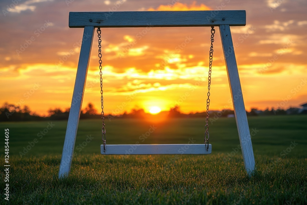 Empty swing set silhouetted against a vibrant sunset, evoking feelings of peace and tranquility. Empty swing set silhouetted against a vibrant sunset, evoking feelings of peace and tranquility.