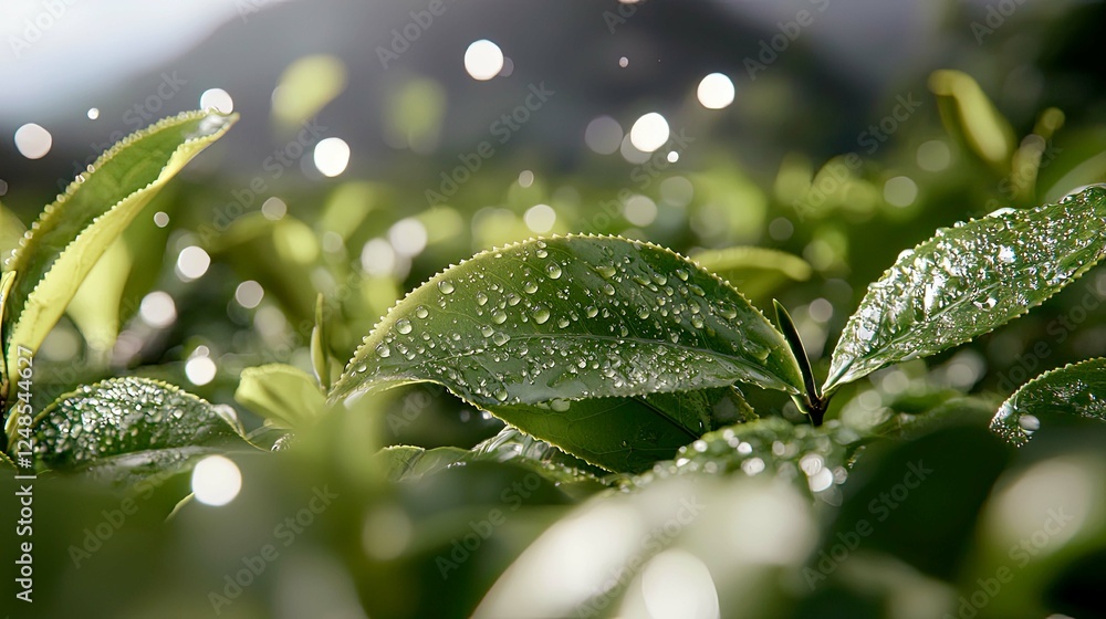 Close-up view of lush green tea leaves glistening with morning dew. The vibrant colors and textures of the leaves create a refreshing natural scene, perfect for nature lovers and tea enthusiasts. Close-up view of lush green tea leaves glistening with morning dew. The vibrant colors and textures of the leaves create a refreshing natural scene, perfect for nature lovers and tea enthusiasts.