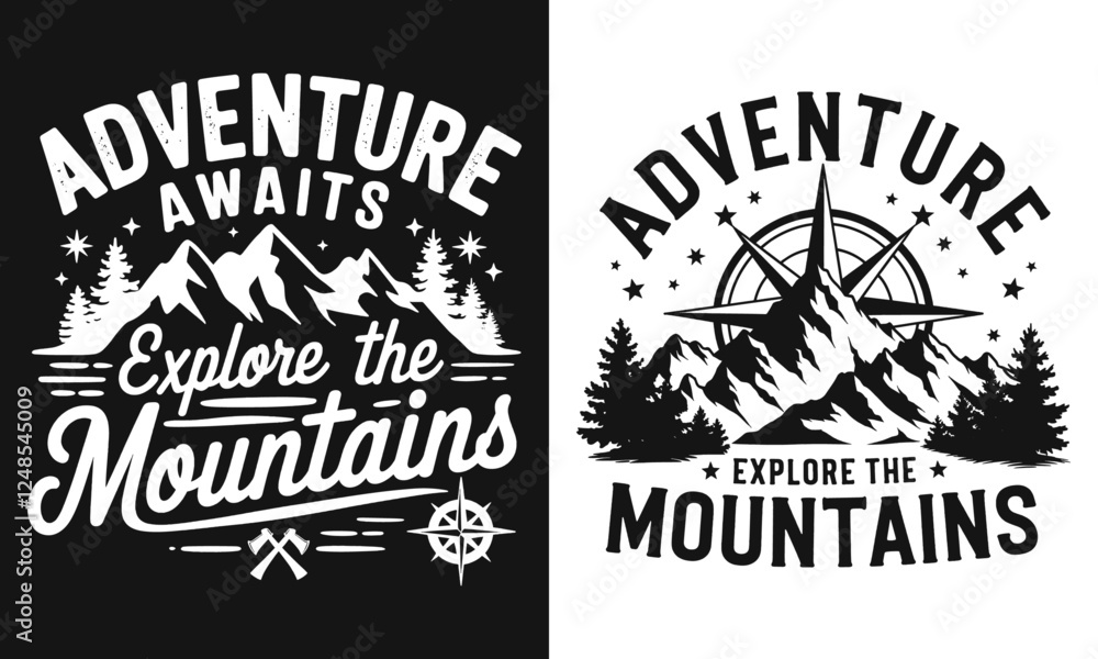 Fototapeta premium Adventure Awaits T-Shirt Design - Explore the Mountains with Inspiring Graphics! Perfect for Outdoor Enthusiasts and Nature Lovers Ready to Embrace Their Next Great Adventure!