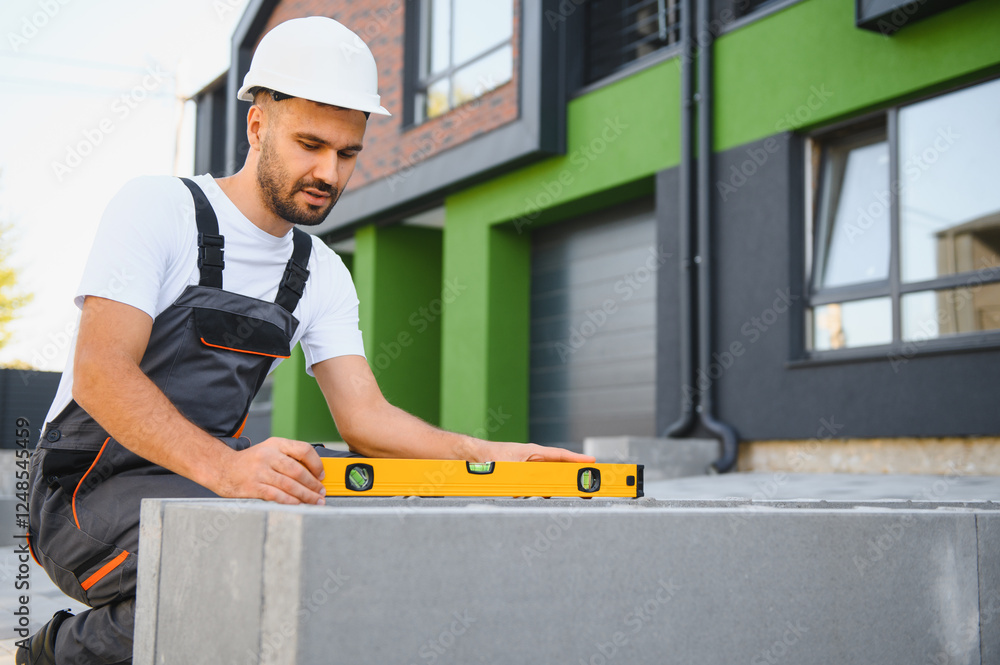 A young professional builder works near the built cottages. Concept of affordable family housing A young professional builder works near the built cottages. Concept of affordable family housing