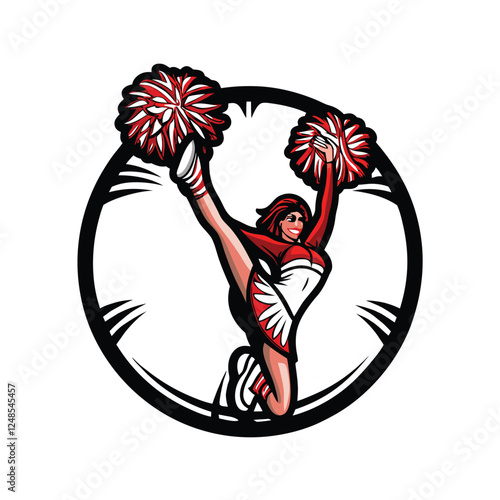 A dynamic image of a female cheerleader, mid-leap, showcasing her red and white uniform;  hair flowing,  a vibrant and energetic pose.