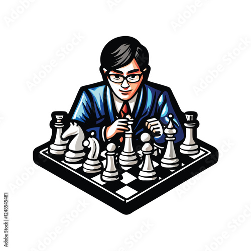 A serious chess player, impeccably dressed in a blue suit and glasses, intensely concentrating on his next move, hand poised above the board.