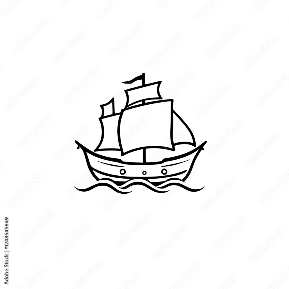 Simplified black and white illustration of a sailing ship, with detailed elements of the ship. Simplified black and white illustration of a sailing ship, with detailed elements of the ship.