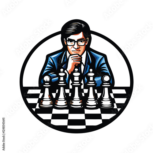 A pensive chess player, clad in a blue suit and glasses, intensely concentrates on his next move during a game.