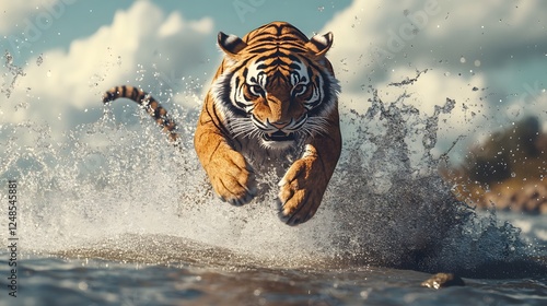 The Leap of the Tiger: A Powerful Panthera tigris in Action Amidst Nature's Splendor