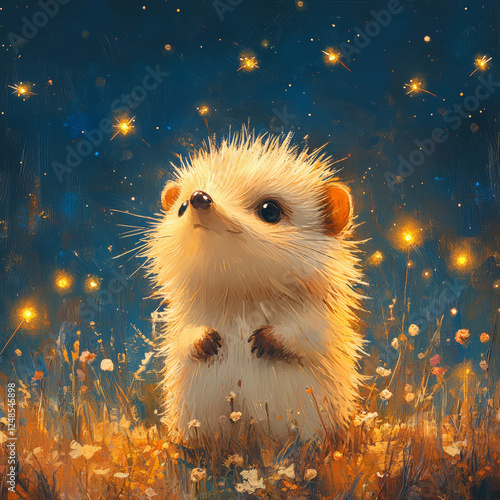 Little hedgehog in a meadow on a background of the night sky