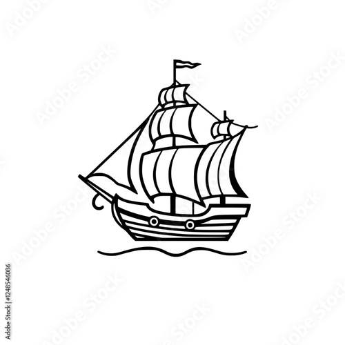 Black and white illustration of a cartoon sailboat sailing the waves.