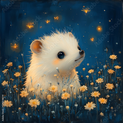 Hedgehog in a meadow of flowers.