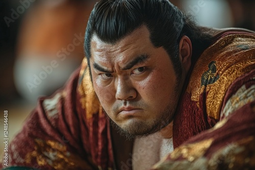 Sumo wrestler focused in traditional attire during a competition at a dojo in Japan photo