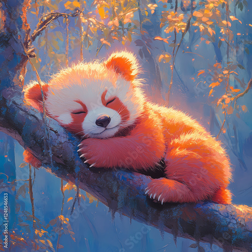 Red panda sleeping on a tree branch in autumn forest.