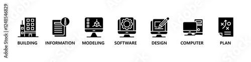 BIM banner web icon vector illustration concept for building information modeling with icon of building, information, modeling, software, design, plan, and computer