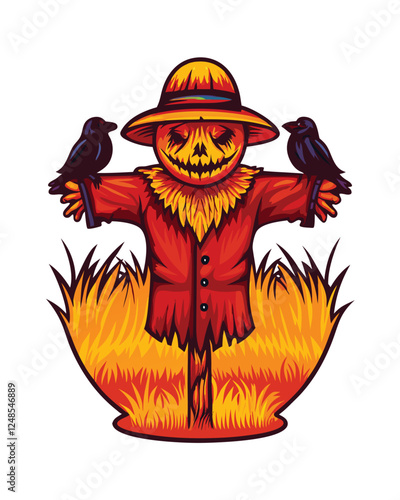 A terrifying scarecrow with crude stitches across its face, ragged clothes, and unsettlingly vacant eyes, standing in a dark, desolate field.