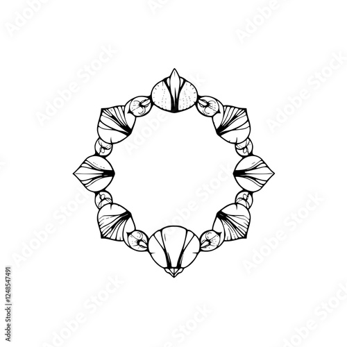 Intricate outline frame comprised of stylized flower petals and decorative elements on white background.