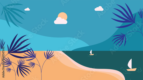 A vibrant and cheerful seaside scene in playful, vivid colors.