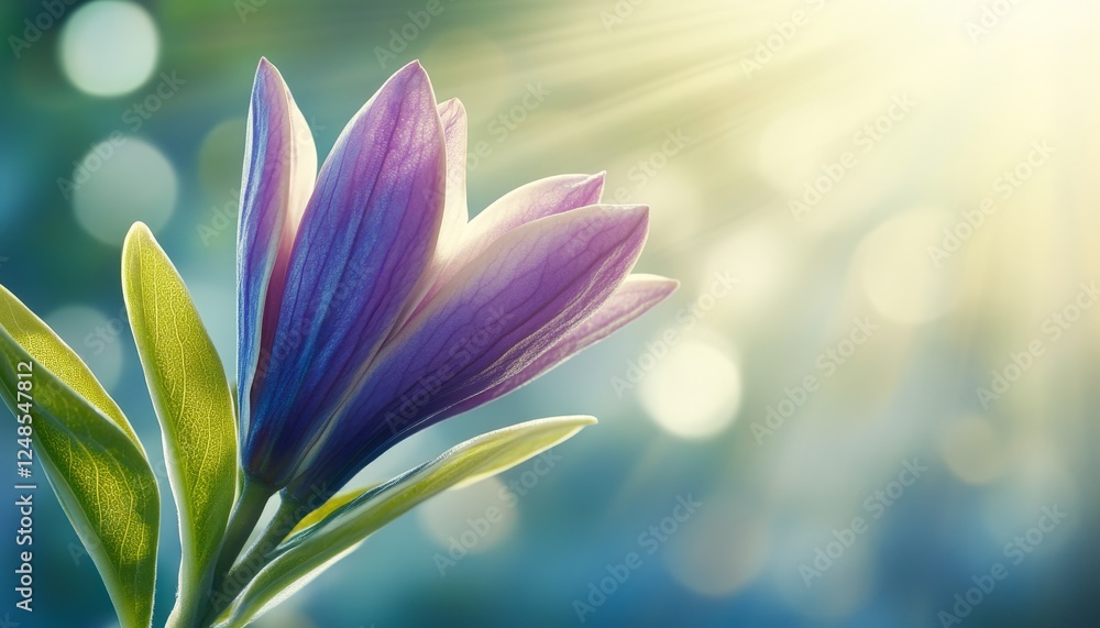 Single Purple Flower, Backlit by the Sun with Lens Flare and Bokeh, Vibrant Spring Floral Image Single Purple Flower, Backlit by the Sun with Lens Flare and Bokeh, Vibrant Spring Floral Image