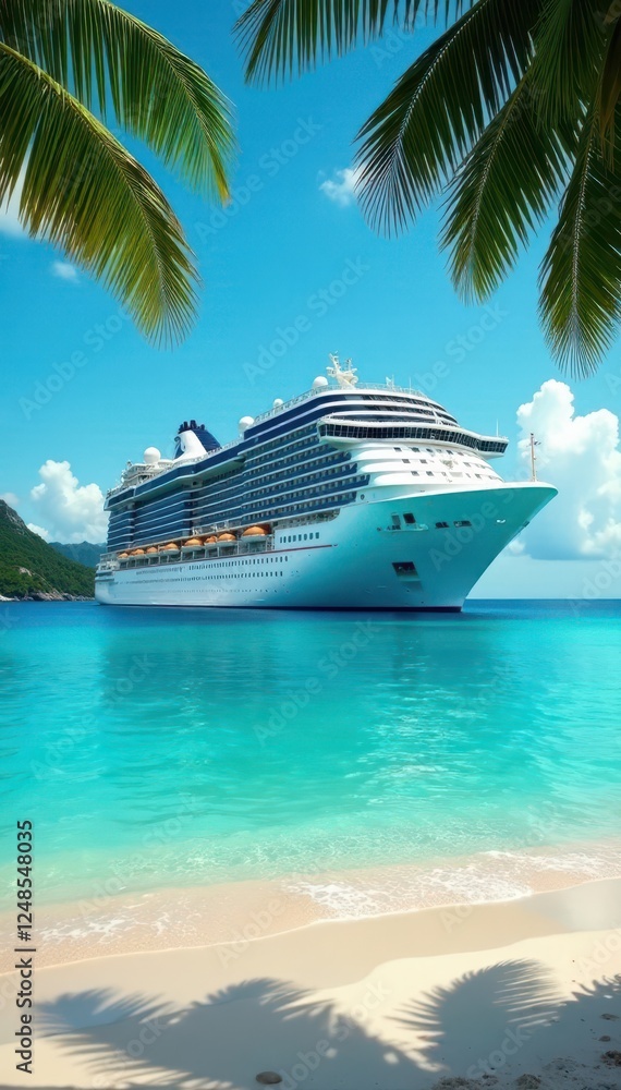 Fototapeta premium Luxury cruise ship docked at vibrant tropical island beach , Caribbean, ship, idyllic
