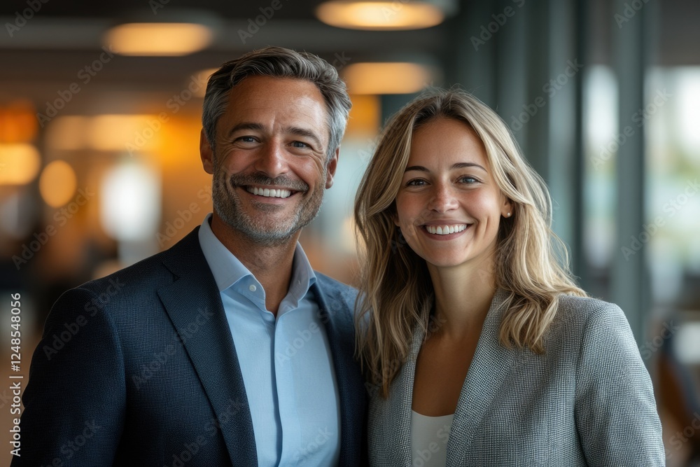 A happy, successful business couple smiling confidently in their modern office. A happy, successful business couple smiling confidently in their modern office.