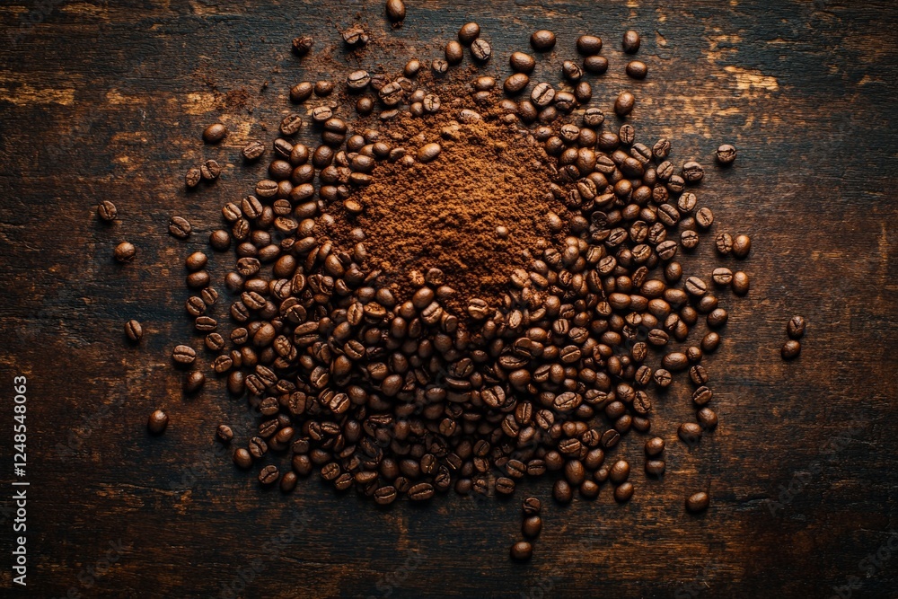 Coffee beans and ground coffee are artfully arranged on a rustic wooden surface creating a warm and inviting aesthetic Coffee beans and ground coffee are artfully arranged on a rustic wooden surface creating a warm and inviting aesthetic