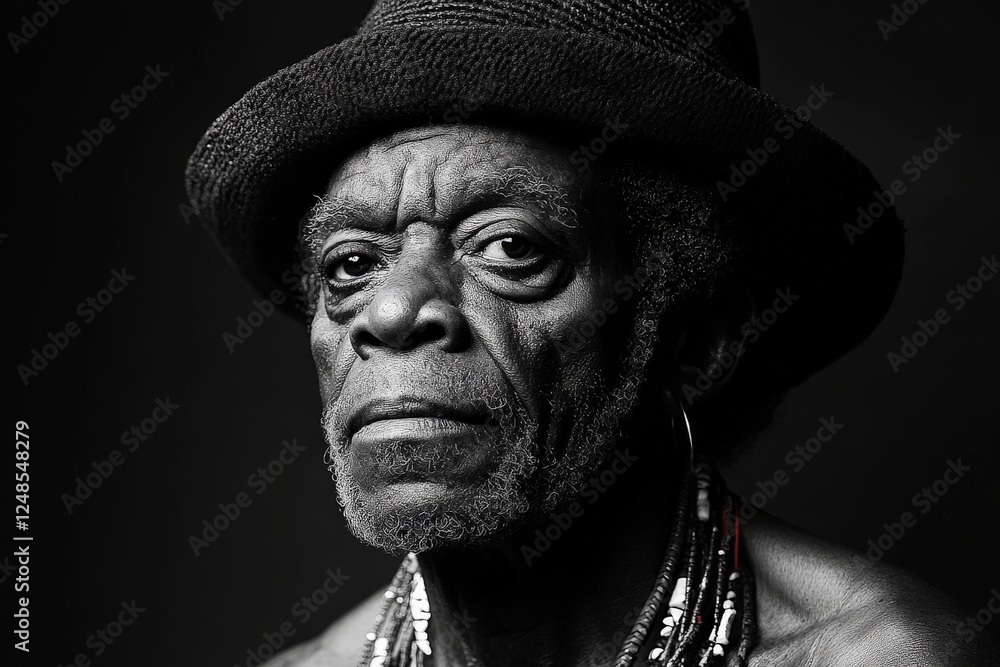 Portrait of an elderly man in a hat showcasing wisdom and experience with intricate jewelry Portrait of an elderly man in a hat showcasing wisdom and experience with intricate jewelry